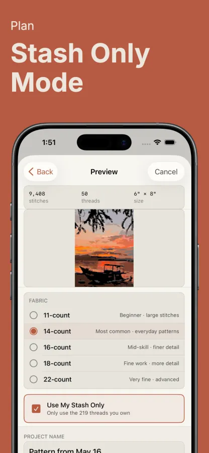 Pattern preview with fabric count and stash-only mode
