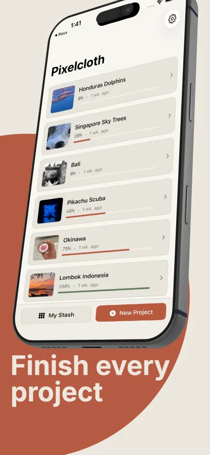 Projects home screen with progress bars for each pattern
