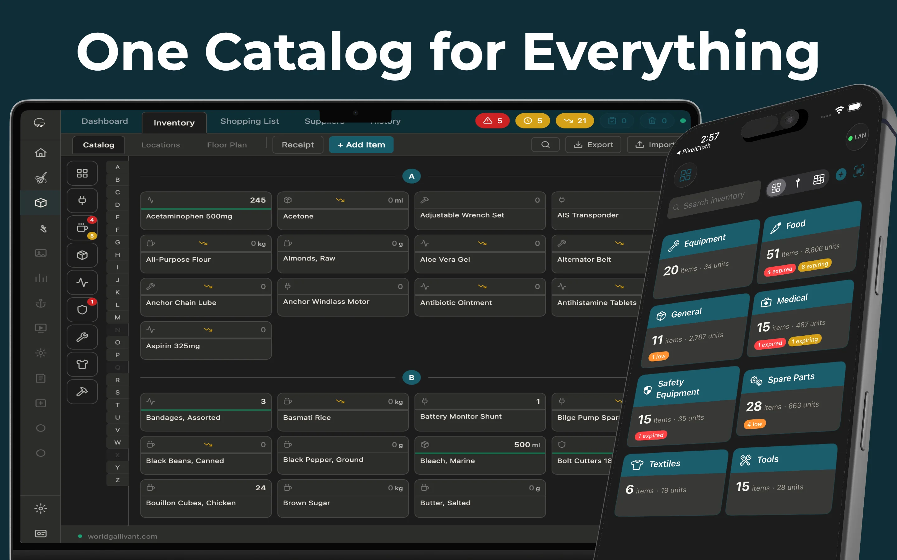 Item catalog A-Z on web with category grid on iPhone